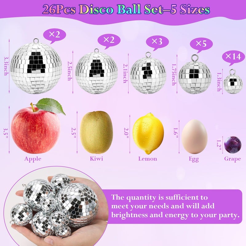 Flasoo 26 Pcs Disco Ball, 5 Sizes Disco Ball Ornaments Mini Mirror Silver Disco Balls Cake Topper Disco Themed Party Christmas Tree Ornaments Supplies (3.2inch, 2.4 Inch, 2 Inch, 1.6 Inch, 1.2 Inch) - Image 4