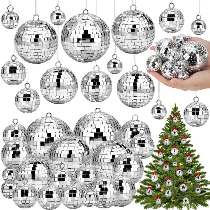 Flasoo 26 Pcs Disco Ball, 5 Sizes Disco Ball Ornaments Mini Mirror Silver Disco Balls Cake Topper Disco Themed Party Christmas Tree Ornaments Supplies (3.2inch, 2.4 Inch, 2 Inch, 1.6 Inch, 1.2 Inch) - Image 1