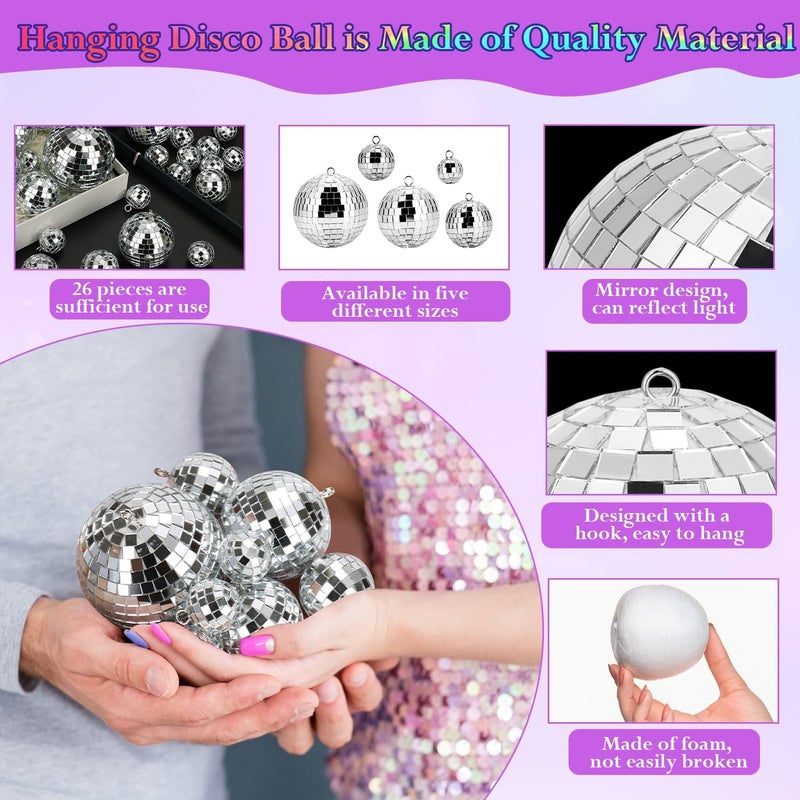 Flasoo 26 Pcs Disco Ball, 5 Sizes Disco Ball Ornaments Mini Mirror Silver Disco Balls Cake Topper Disco Themed Party Christmas Tree Ornaments Supplies (3.2inch, 2.4 Inch, 2 Inch, 1.6 Inch, 1.2 Inch) - Image 5