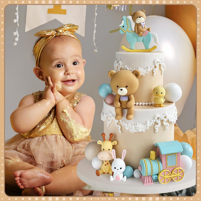 Zafena 15Pcs Bear Cake Toppers - Animal Bear Cake Decorations with Train Balls Cake Toppers for Boy Girl Baby Shower Birthday Party Decorations (Colorful) - Image 3