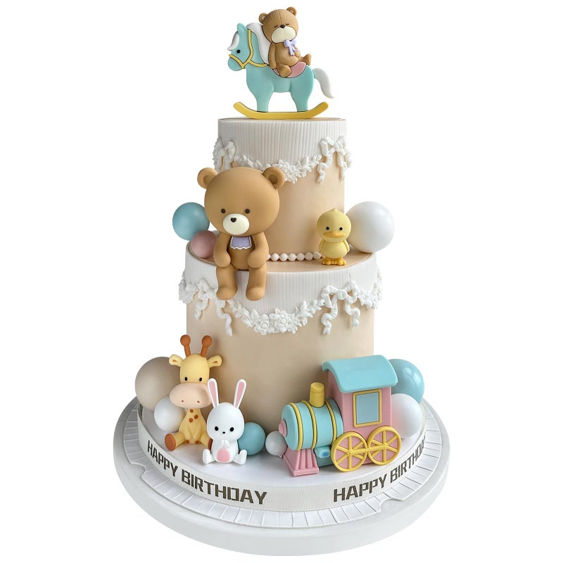Zafena 15Pcs Bear Cake Toppers - Animal Bear Cake Decorations with Train Balls Cake Toppers for Boy Girl Baby Shower Birthday Party Decorations (Colorful) - Image 1
