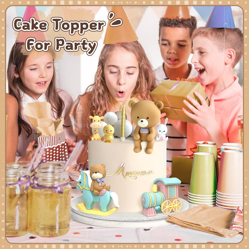 Zafena 15Pcs Bear Cake Toppers - Animal Bear Cake Decorations with Train Balls Cake Toppers for Boy Girl Baby Shower Birthday Party Decorations (Colorful) - Image 4