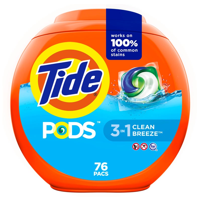 Tide PODS laundry detergent pacs, 3-in-1 Stain Remover, Odor Fighter, Color Protector, 76 Count, HE compatible, Clean Breeze Scent - Image 1