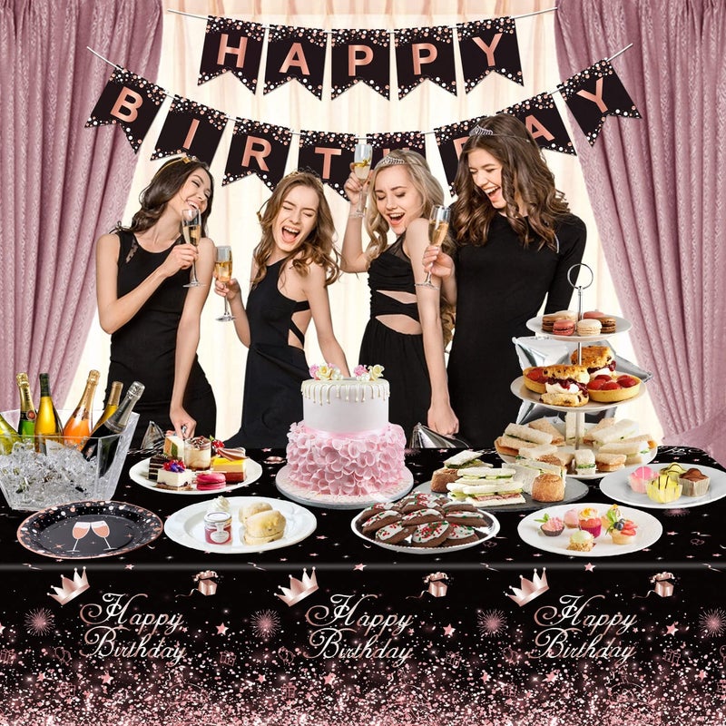Inspireyee Black Rose Gold Plastic Tablecloth (Pack of 4), 86 x 51 inches Party Tablecovers for Black Rose Gold Theme Birthday Party Supplies - Image 2
