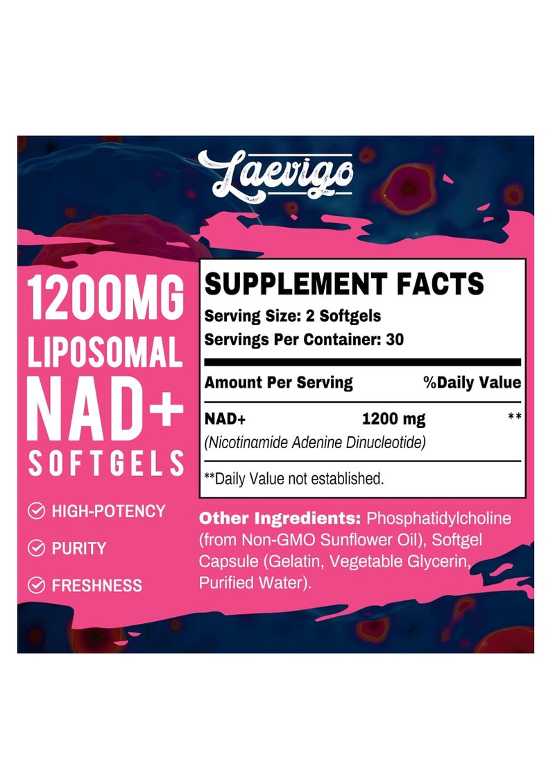 Laevigo 1200mg Liposomal NAD+ Supplement, Ultra Purity Actual NAD Supplement, Enhanced Absorption, Boosting NAD+, Age Defense, Energy, Metabolic Repair, Optimal NAD Supplement, 60 Softgels - Image 2
