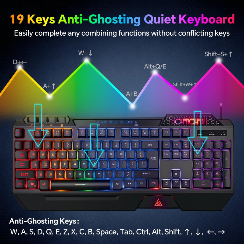 CHONCHOW Gaming Keyboard and Mouse Combo, USB Wired RGB Backlit Anti-Ghosting Silent Keyboard with Ergonomic Wrist Rest & Phone Holder, 7D 7200DPI Gaming Mouse for PC Gamer Xbox PS4 PS5 (RGB-Black) - Image 5
