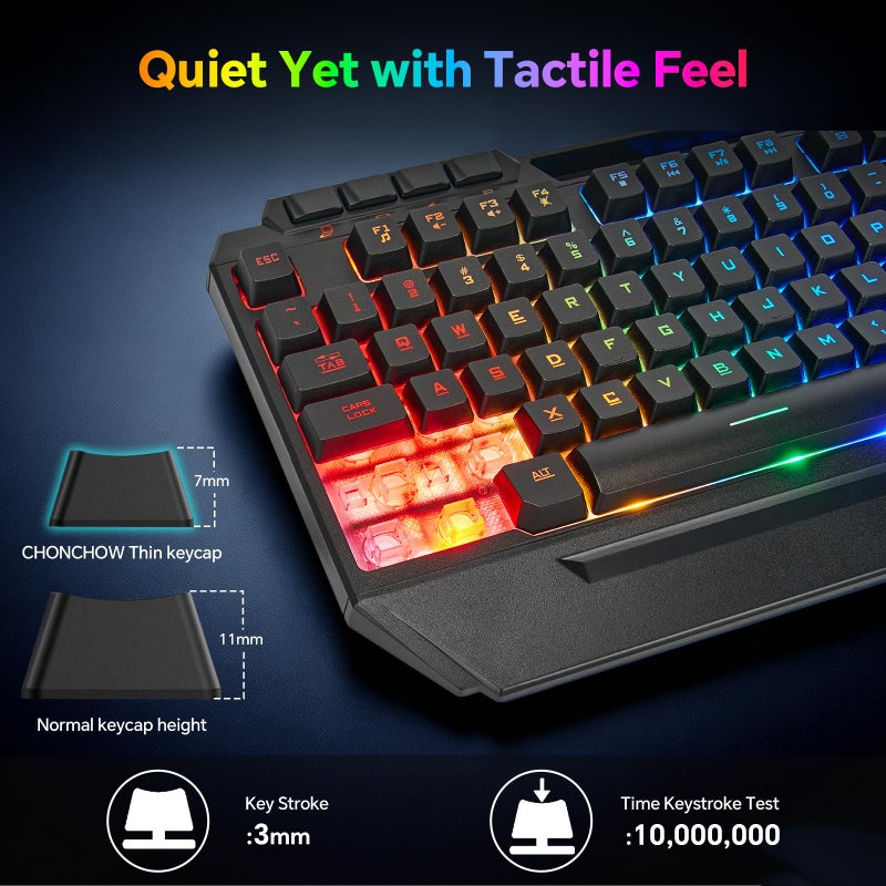 CHONCHOW Gaming Keyboard and Mouse Combo, USB Wired RGB Backlit Anti-Ghosting Silent Keyboard with Ergonomic Wrist Rest & Phone Holder, 7D 7200DPI Gaming Mouse for PC Gamer Xbox PS4 PS5 (RGB-Black) - Image 4