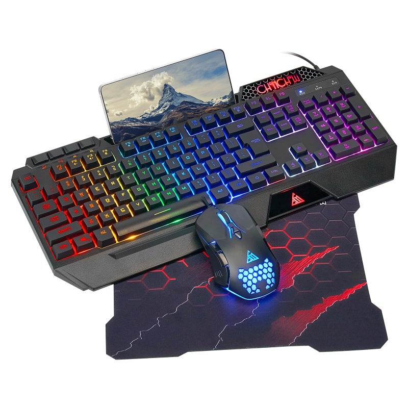 CHONCHOW Gaming Keyboard and Mouse Combo, USB Wired RGB Backlit Anti-Ghosting Silent Keyboard with Ergonomic Wrist Rest & Phone Holder, 7D 7200DPI Gaming Mouse for PC Gamer Xbox PS4 PS5 (RGB-Black) - Image 1