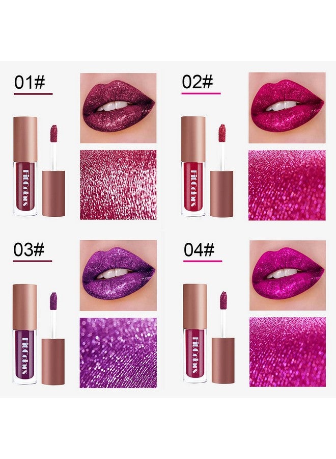 Zevni 4 Colors Glitter Lipsticks Diamond Shimmer Metallic Lip Stick Set Kit Long Lasting Purple Red Matte To Glitter Sparkle Sparkly Glossy Liquid Lipstick Lip Gloss Set For Women Lips Make Up - Image 5