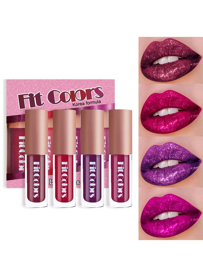 Zevni 4 Colors Glitter Lipsticks Diamond Shimmer Metallic Lip Stick Set Kit Long Lasting Purple Red Matte To Glitter Sparkle Sparkly Glossy Liquid Lipstick Lip Gloss Set For Women Lips Make Up - Image 1