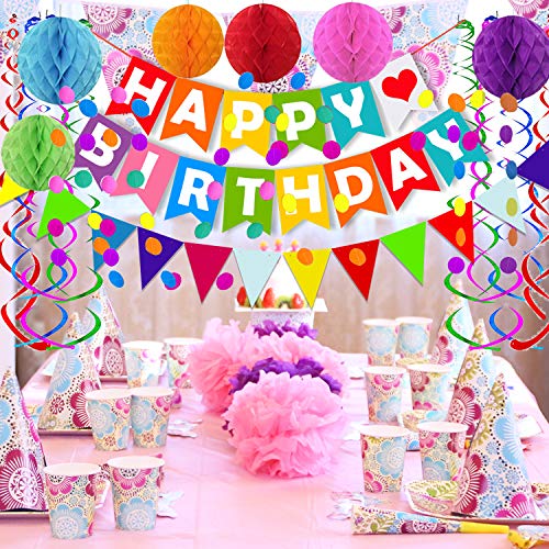 FECEDY Colorful Happy Birthday Banner Paper Triangle Flag Bunting Circle Confetti Dots Hanging Garland And Honeycomb Ball Swirl Streamers for Birthday Baby Shower Party Decoration - Image 5
