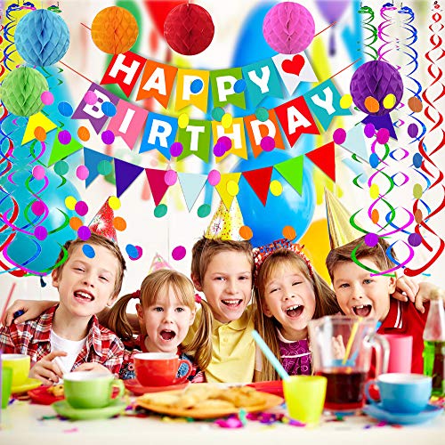 FECEDY Colorful Happy Birthday Banner Paper Triangle Flag Bunting Circle Confetti Dots Hanging Garland And Honeycomb Ball Swirl Streamers for Birthday Baby Shower Party Decoration - Image 3