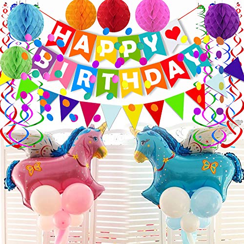 FECEDY Colorful Happy Birthday Banner Paper Triangle Flag Bunting Circle Confetti Dots Hanging Garland And Honeycomb Ball Swirl Streamers for Birthday Baby Shower Party Decoration - Image 4