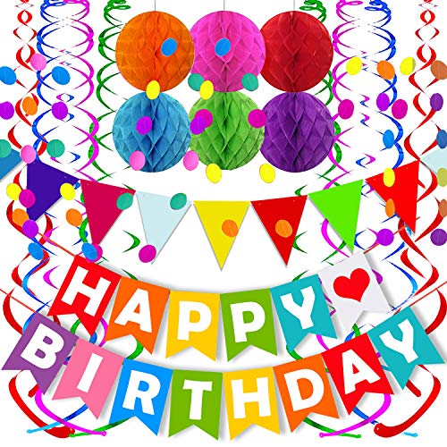 FECEDY Colorful Happy Birthday Banner Paper Triangle Flag Bunting Circle Confetti Dots Hanging Garland And Honeycomb Ball Swirl Streamers for Birthday Baby Shower Party Decoration - Image 1