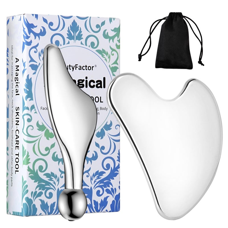 BEAUTYFACTOR Stainless Steel Gua Sha Facial Tools Guasha for Face Metal Gua Sha Tighten Skin MassageGuasha Beauty Tool Manual Massage Sticks for Jawline SculptingPuffiness Reducing and Body Massager