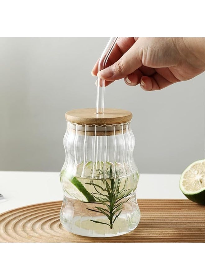 كوب زجاجي للمشروبات عصير قهوة مثلجة ريبل مع غطاء خشبي وقشة - 500 مل (1)