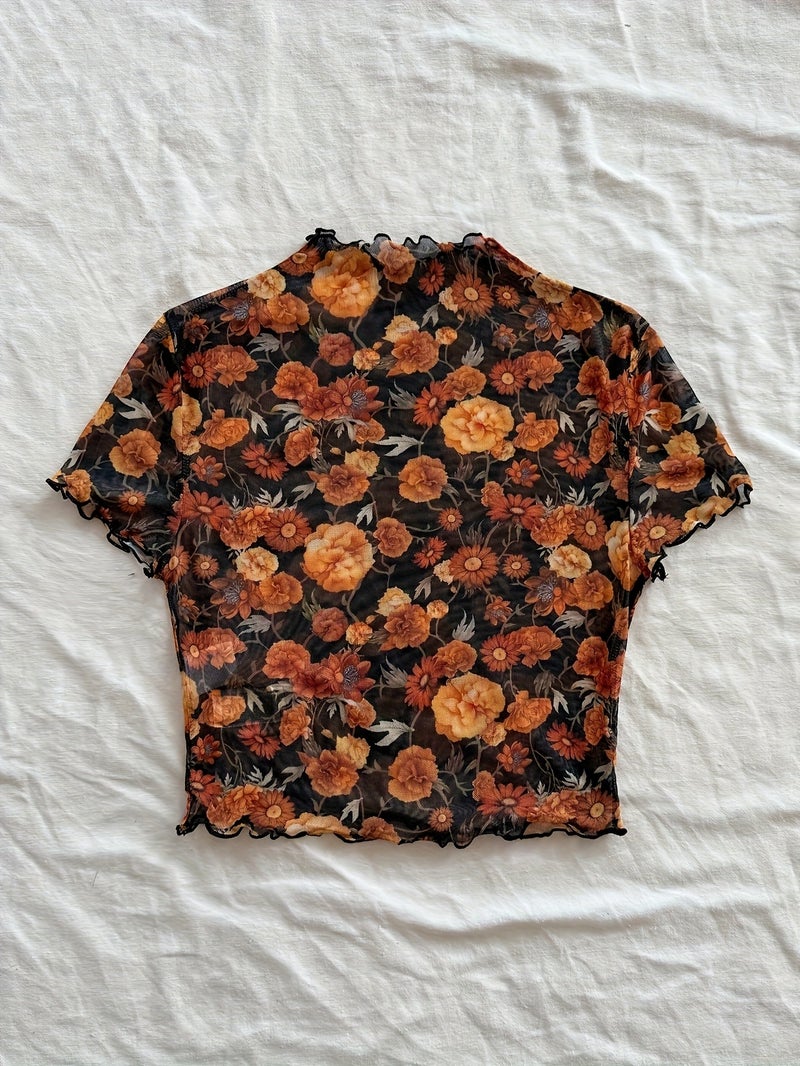 Women's Petite High Neck Ruffle Floral Mesh Top - Yellow Flower On Black Background / S - Image 2
