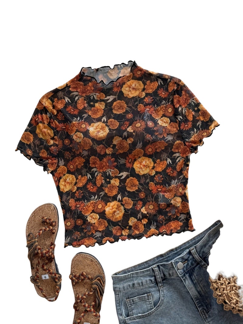 Women's Petite High Neck Ruffle Floral Mesh Top - Yellow Flower On Black Background / S - Image 1