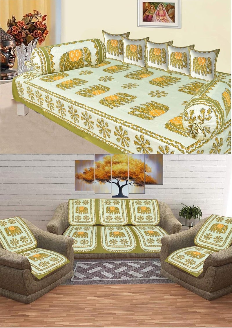 SkyKross - Everyday A New Thing SkyKross Everyday A New Thing Veda Cream Special Hathi Pure Cotton ROOMSET Diwan Set Sofa Set Single Bedsheet 2 Bolster Covers 5 Cushion Covers and Five Seater Sofa Cover Set Green - Image 1