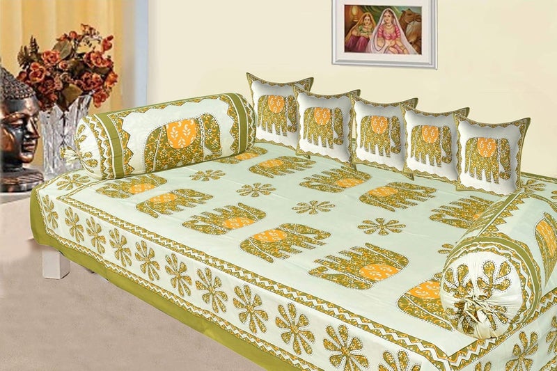 SkyKross - Everyday A New Thing SkyKross Everyday A New Thing Veda Cream Special Hathi Pure Cotton ROOMSET Diwan Set Sofa Set Single Bedsheet 2 Bolster Covers 5 Cushion Covers and Five Seater Sofa Cover Set Green - Image 3