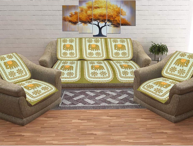 SkyKross - Everyday A New Thing SkyKross Everyday A New Thing Veda Cream Special Hathi Pure Cotton ROOMSET Diwan Set Sofa Set Single Bedsheet 2 Bolster Covers 5 Cushion Covers and Five Seater Sofa Cover Set Green - Image 5