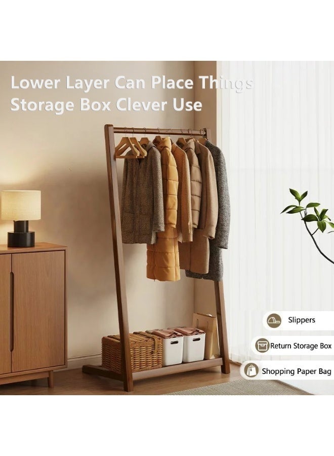 WALALLA Freestanding Bamboo Clothes Rack Stand, Wood Cloth Hanger, Clothing Hanging Rail Standing, Thick Hanging Rod Garment Rack with Tier Bottom Shelves for Bedroom Office Home - Image 5