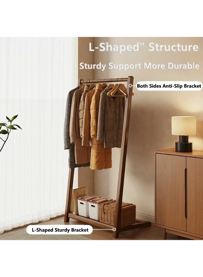 WALALLA Freestanding Bamboo Clothes Rack Stand, Wood Cloth Hanger, Clothing Hanging Rail Standing, Thick Hanging Rod Garment Rack with Tier Bottom Shelves for Bedroom Office Home - Image 3