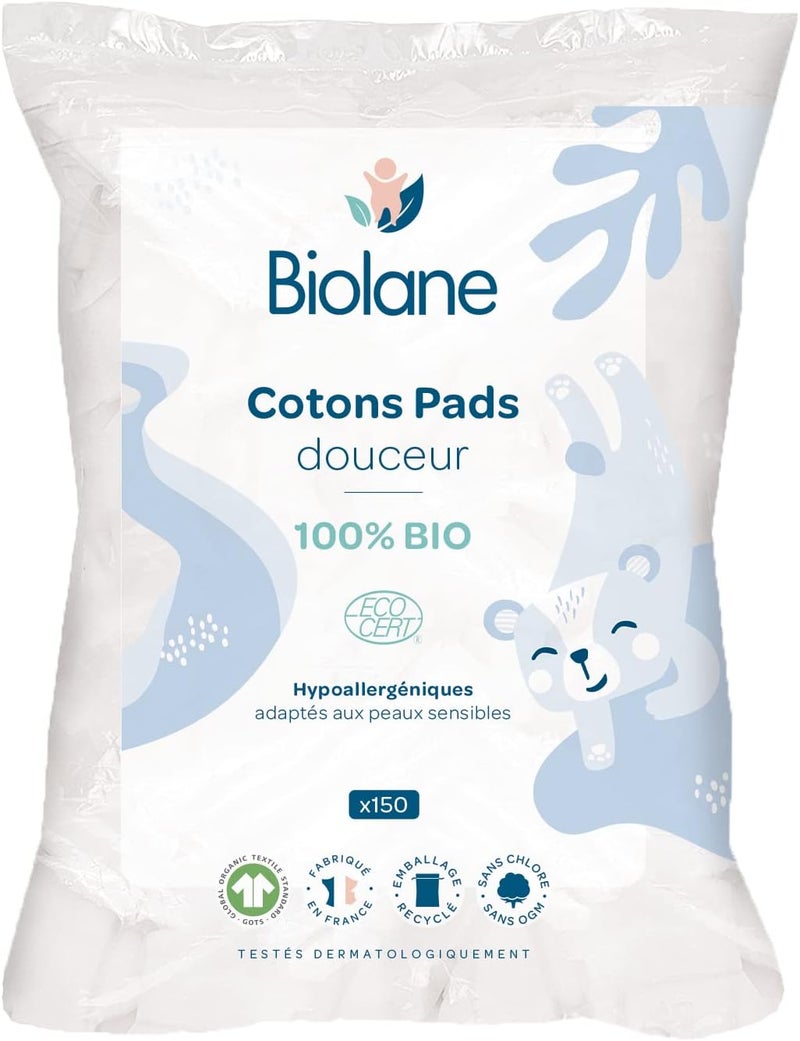BIOLANE Soft Cotton Pads Baby 100 Organic 150 Cotton Pads Sensitive Skin Changing Grooming from Birth Made in France