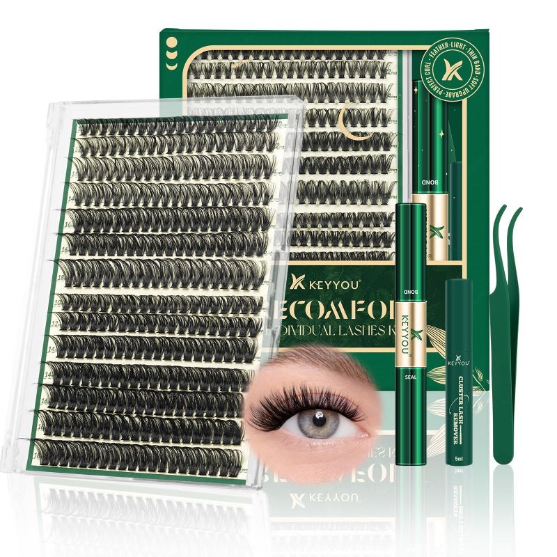 KEYYOU Lash Clusters Kit DIY Lash Extension Kit 280pcs Soft Lash Clusters 60D+80D D Curl Easy to Apply with Bond and Seal Applicator Remover Eyelash Extension Kit at Home(RMkit-60D80D-D-10-18mix) - Image 1