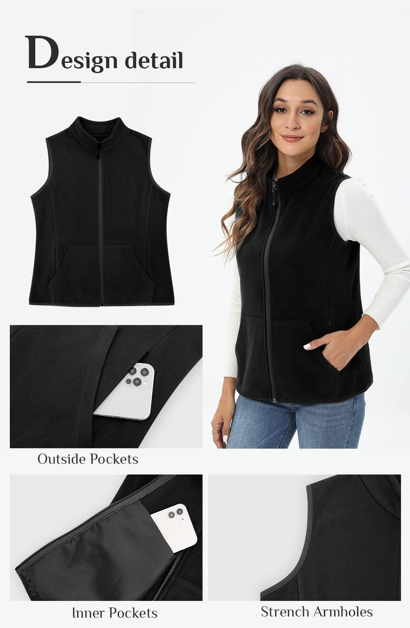 Xeoxarel Women's Fleece Vest, Lightweight Sleeveless Classic Fit Outerwear Full-Zip 6 Pockets Casual Gilet Black XL - Image 5