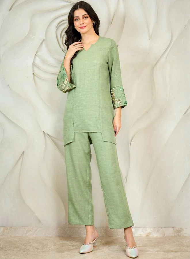 Athena Green Embroidered Tunic with Trousers Co-Ords