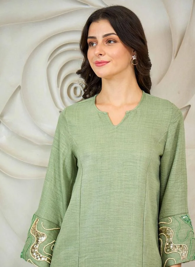 Athena Green Embroidered Tunic with Trousers Co-Ords