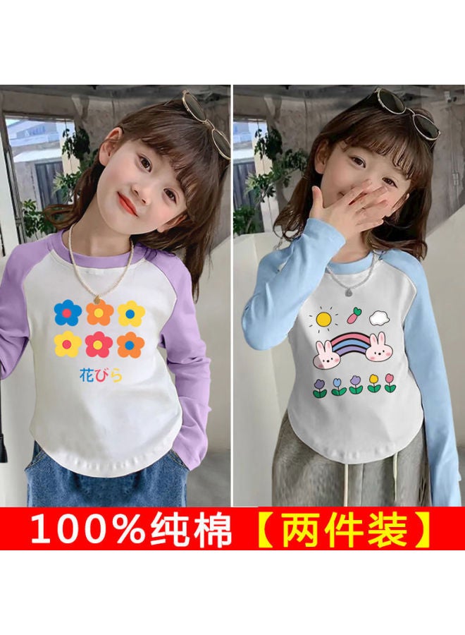 Girls' Spring & Fall New Color-blocked Pure Cotton Long-sleeved T-shirt Baby's Curved Top With Upper And Lower Hem Korean Style Western Style Bottoming Shirt