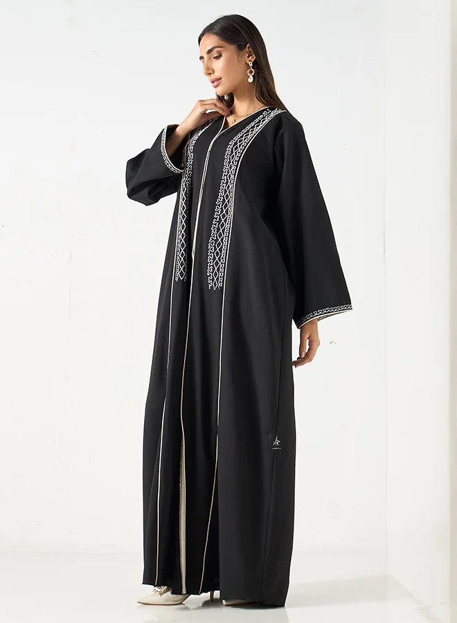 JAMEELA Black Abaya with wide sleeve contrast embroidery