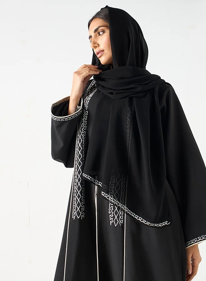 JAMEELA Black Abaya with wide sleeve contrast embroidery