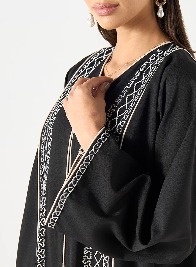 JAMEELA Black Abaya with wide sleeve contrast embroidery