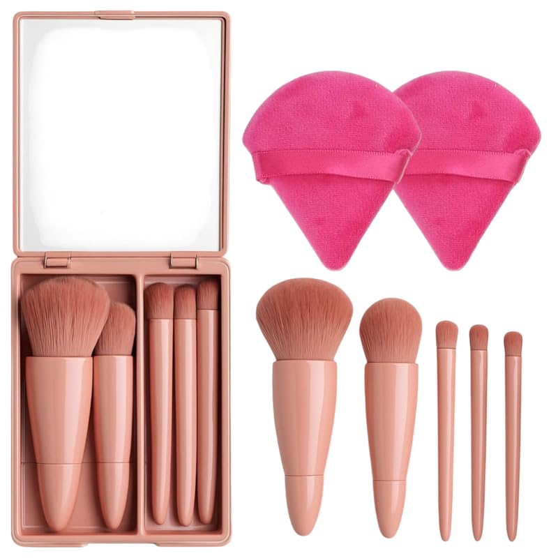 LA VENUST Travel Makeup Brush Set - Mini Portable Cosmetic Brushes Kit for Face Eye Foundation, For Eyeshadow And Easy Blending - Compact Beauty Tools (Brown, 7 Piece Set - Triangle) - Image 1