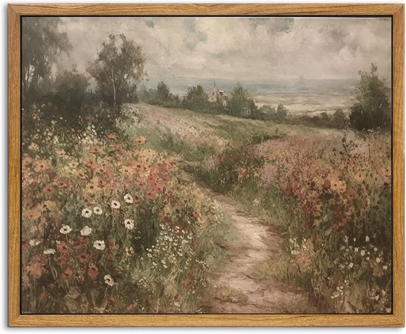 KBKBART Elegant multi-option build Framed Canvas Wall Art - Vintage Countryside Wildflower Field Painting - Retro Nature Wilderness Canvas Art Prints - Rustic Landscape Wall Decor for Living Room, Bedroom & Bathroom (8"x10") General need oriented design - Image 1
