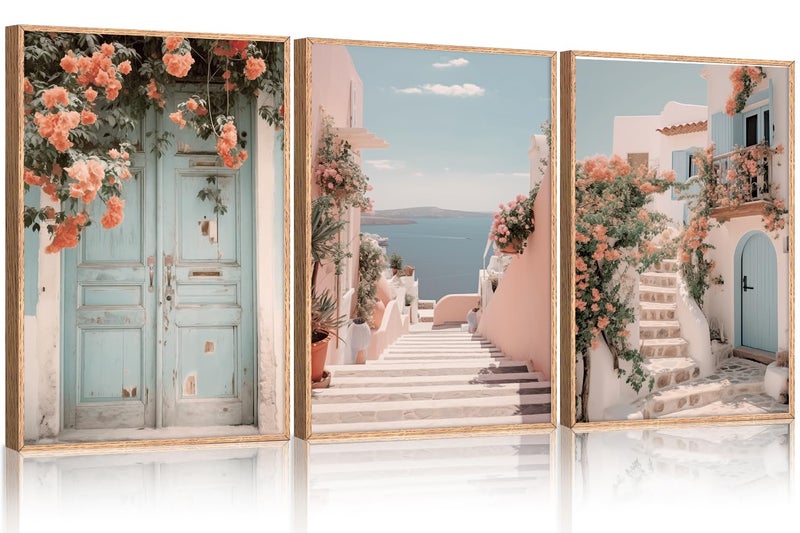 KAIRNE Italian Mediterranean Coastal Framed Canvas Wall Art, Pink Blue & White Seascape Painting for Beach House Decor, Luxury Italian Seaside Landscape for Living Room, Bedroom, Office - 24x36 Inch - Image 1