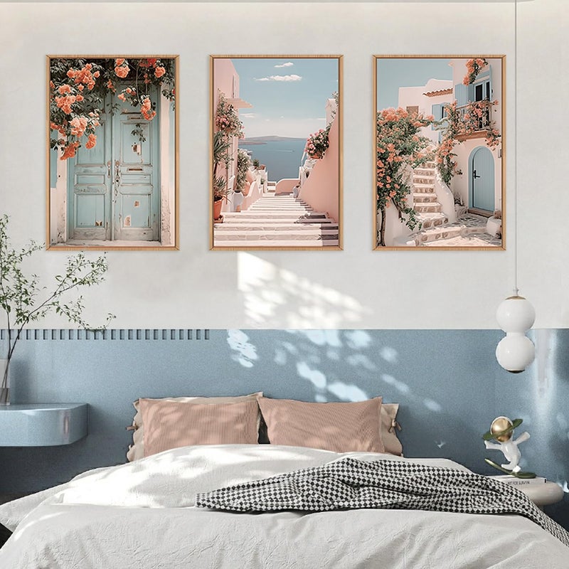 KAIRNE Italian Mediterranean Coastal Framed Canvas Wall Art, Pink Blue & White Seascape Painting for Beach House Decor, Luxury Italian Seaside Landscape for Living Room, Bedroom, Office - 24x36 Inch - Image 4