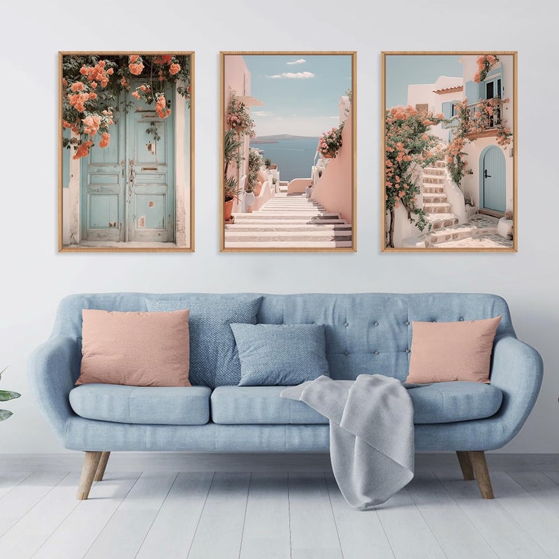 KAIRNE Italian Mediterranean Coastal Framed Canvas Wall Art, Pink Blue & White Seascape Painting for Beach House Decor, Luxury Italian Seaside Landscape for Living Room, Bedroom, Office - 24x36 Inch - Image 3