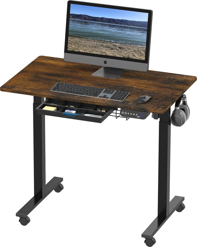 SHW 40Inch Mobile Electric Height Adjustable Sit to Stand Desk with Drawer Hanging Hooks and Cable Management Rustic Brown