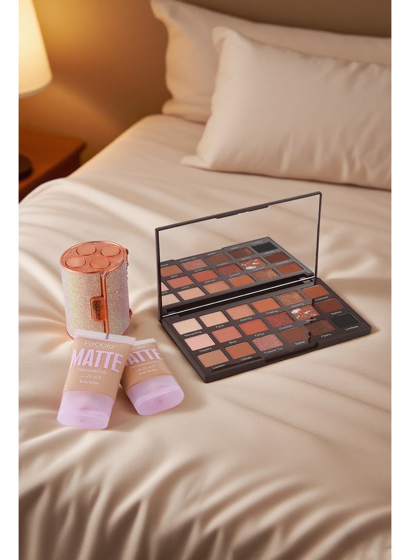 فيبيل مجموعة هدايا مكياج للنساء مجموعة كاملة مع قطعتين من كريم الأساس غير اللامع ولوحة ظلال العيون المكونة من 18 لونًا وأحمر شفاه غير لامع ومجموعة من 4 قطع من المكياج طويل الأمد المقاوم للماء وتغطية كاملة مثالية للاستخدام اليومي كهدية للعطلات - Image 2