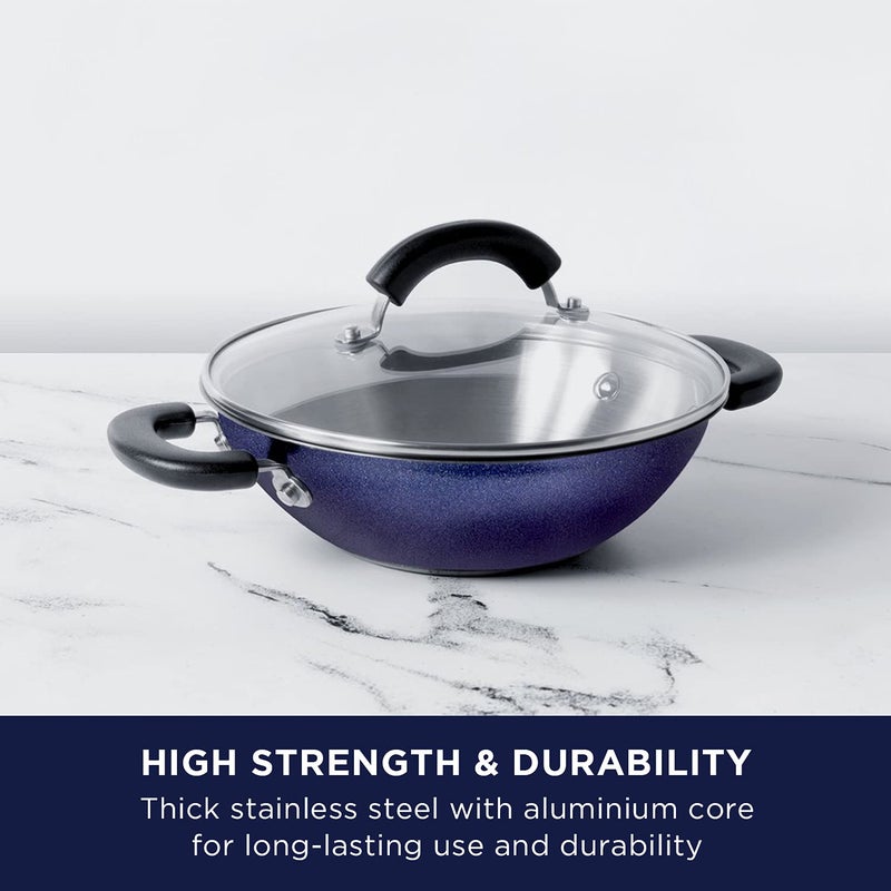 MEYER مقلاة ماير المئوية خالية من النيكل | مقلاة فولاذية للقلي العميق | أواني طهي فولاذية | مقلاة عميقة | مقلاة مع غطاء للطهي | مقلاة بقاعدة تحريض، 22 سم، لؤلؤة زرقاء - Image 2