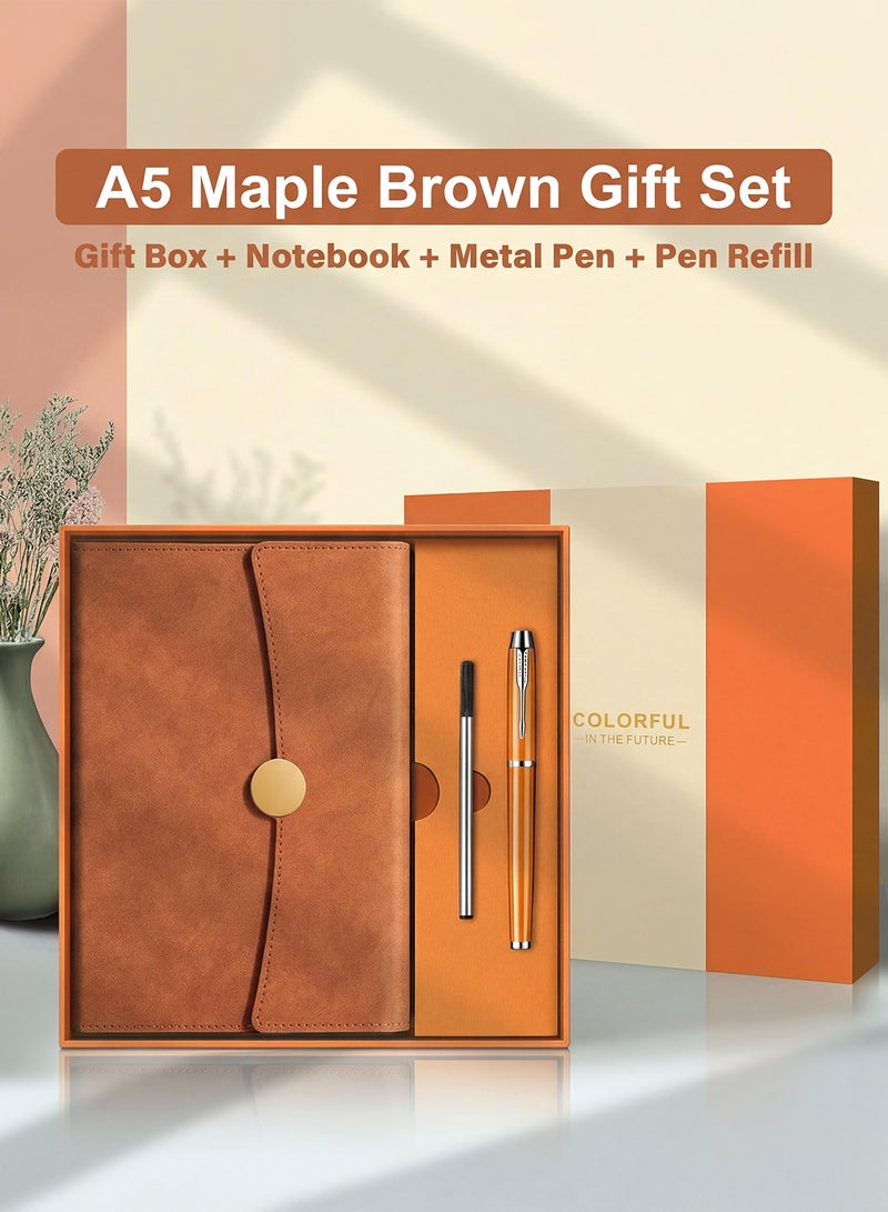 OSSO Notebook Gift Set A5 Lined Leather Journal with Metal Pen and Gift Box Premium Maple Brown Hardcover 200 Pages Thick Ruled Paper Executive Writing Diary for Business Office School Travel Diary - Image 1