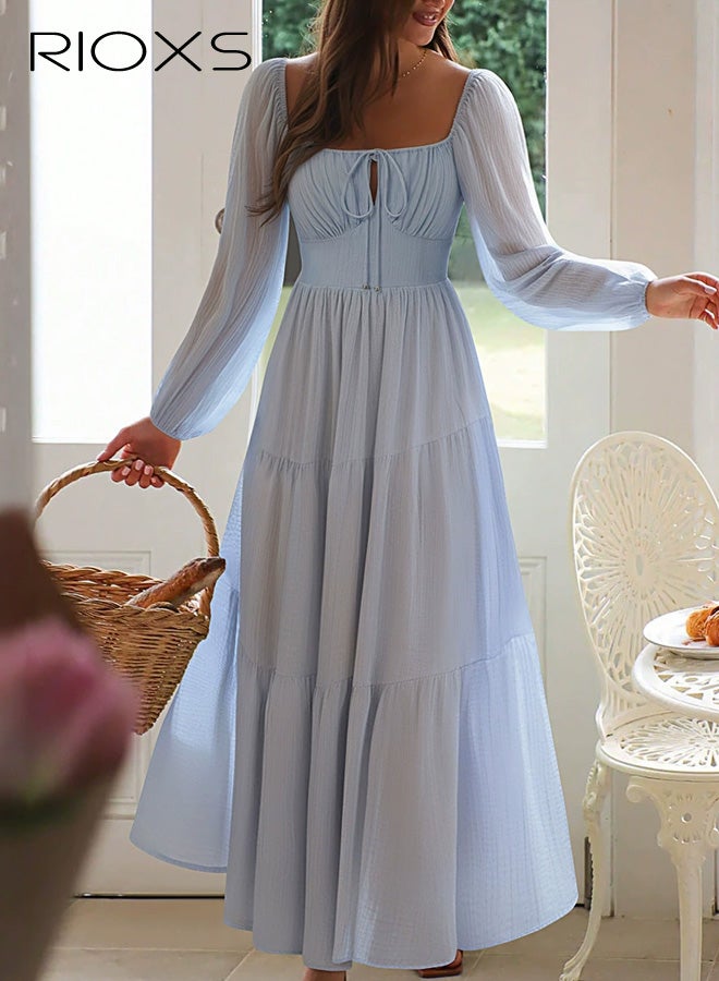 ريوكس فستان نسائي برقبة على شكل حرف U، أكمام منتفخة مع تنورة على شكل حرف A، بدون سحاب، نمط منتجع كاجوال مع تفاصيل ربطة عنق، أجواء حديقة الشاطئ، أزرق - Image 1