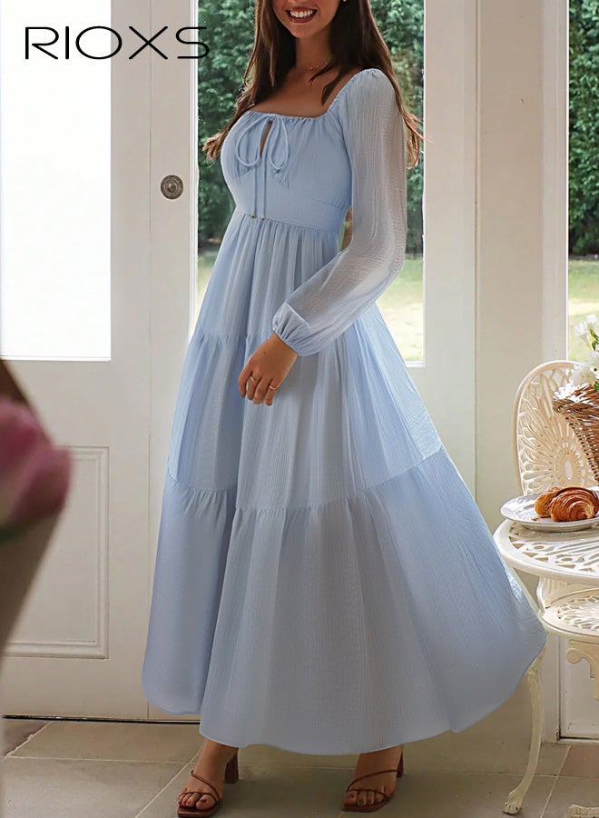 ريوكس فستان نسائي برقبة على شكل حرف U، أكمام منتفخة مع تنورة على شكل حرف A، بدون سحاب، نمط منتجع كاجوال مع تفاصيل ربطة عنق، أجواء حديقة الشاطئ، أزرق - Image 4