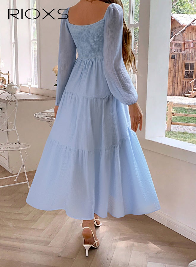 ريوكس فستان نسائي برقبة على شكل حرف U، أكمام منتفخة مع تنورة على شكل حرف A، بدون سحاب، نمط منتجع كاجوال مع تفاصيل ربطة عنق، أجواء حديقة الشاطئ، أزرق - Image 3