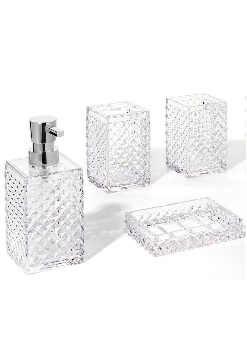 يوڠام طقم مستلزمات حمام 4 قطع بتصميم مربع من البلاستيك بنقشة الماس، يشمل حامل فرشاة الأسنان، كوب فرشاة الأسنان، موزع صابون، وموزع لوشن، ديكور حمام عصري بوهيمي - Image 1