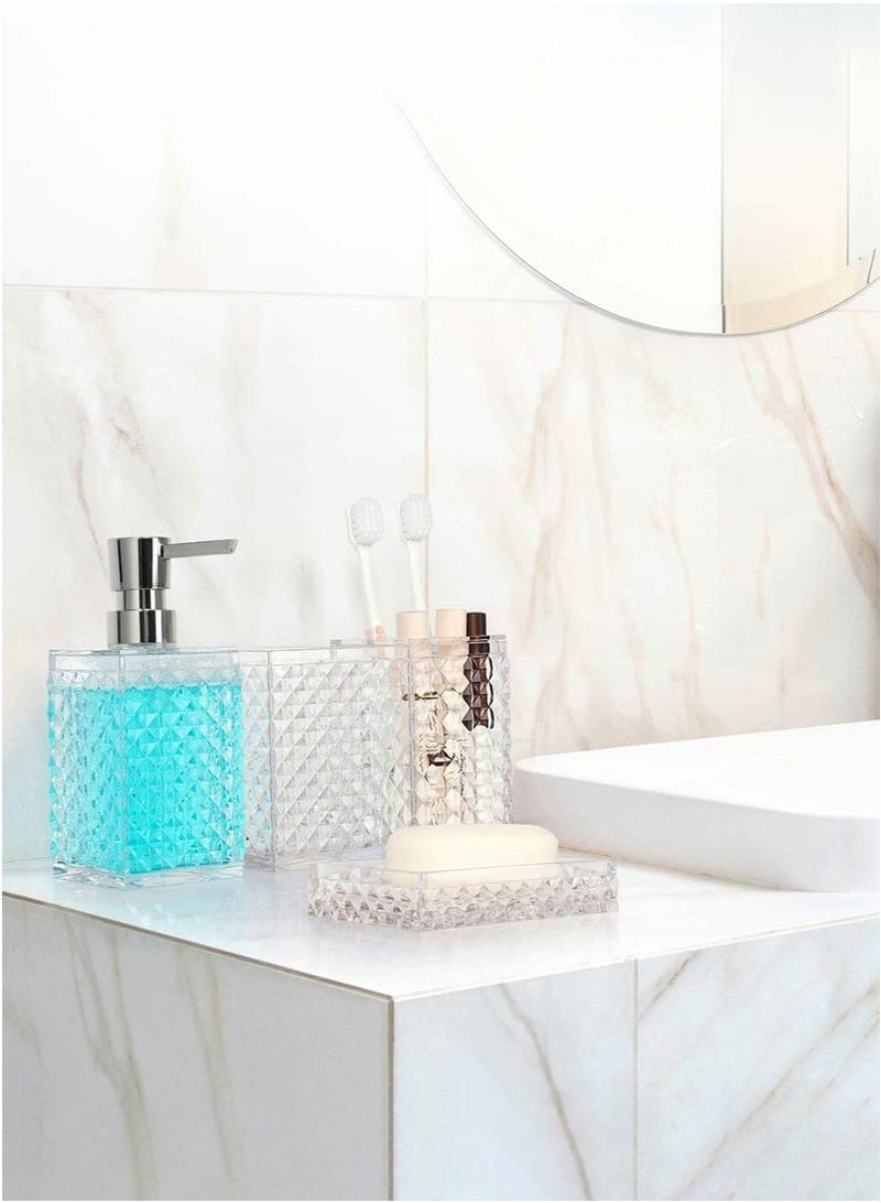 يوڠام طقم مستلزمات حمام 4 قطع بتصميم مربع من البلاستيك بنقشة الماس، يشمل حامل فرشاة الأسنان، كوب فرشاة الأسنان، موزع صابون، وموزع لوشن، ديكور حمام عصري بوهيمي - Image 3